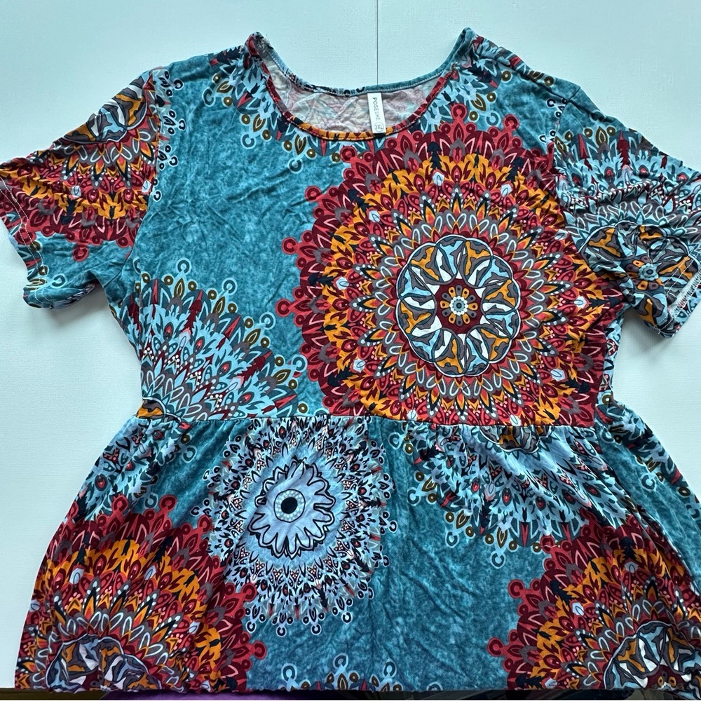 Poseshe colorful medallion print short sleeve dress women’s 3x pockets‎ & soft